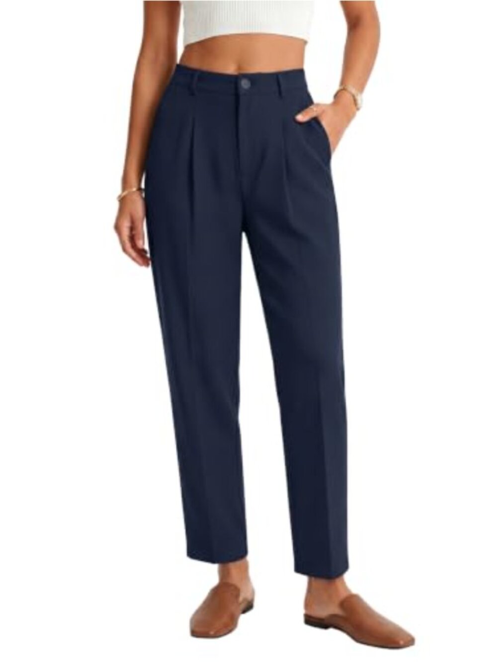 Wrinkle-Free Stretch Ankle Work Pants Tapered High Rise Slacks